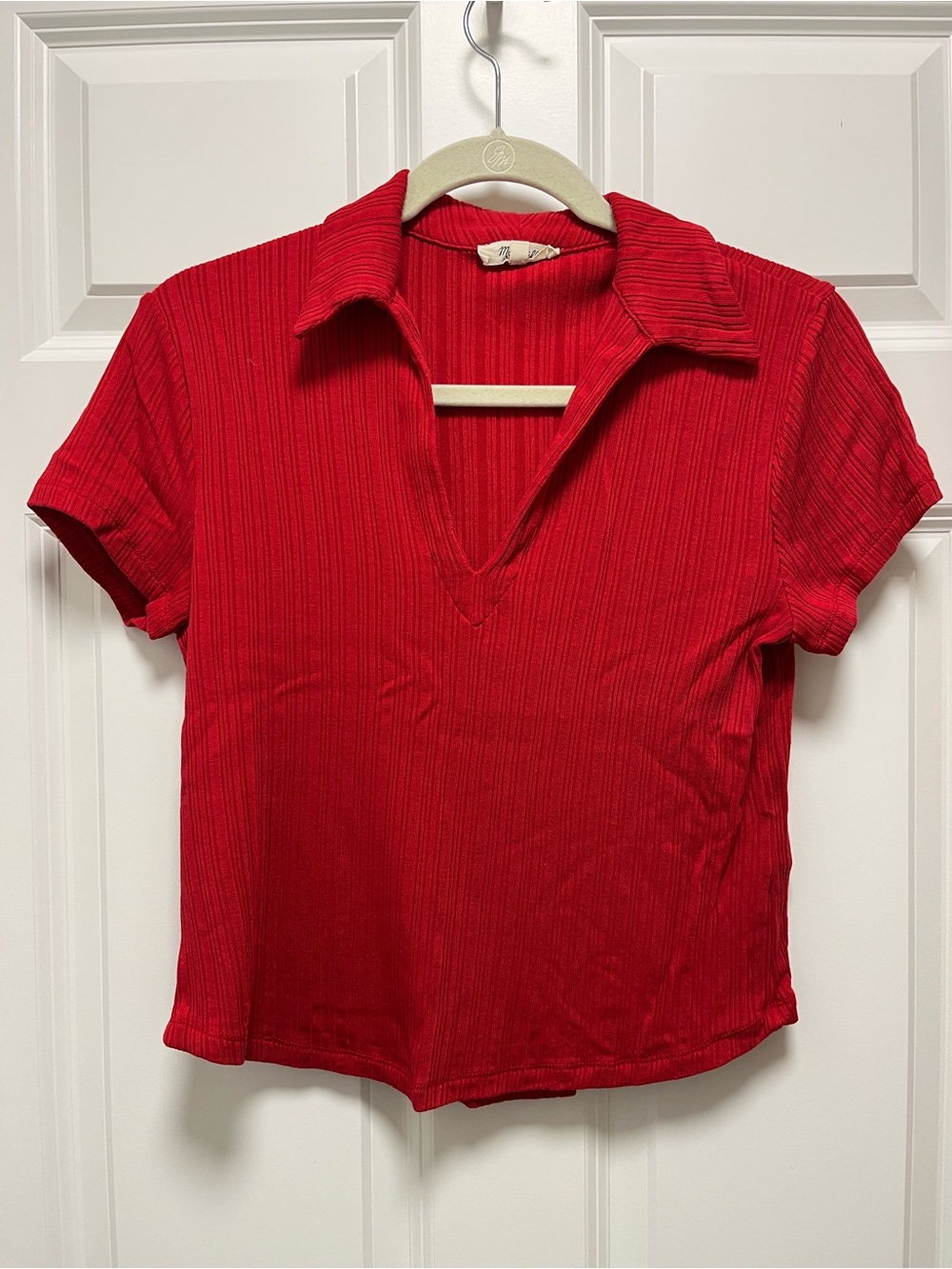 Madewell ribbed Johnny collar polo short sleeve top red medium